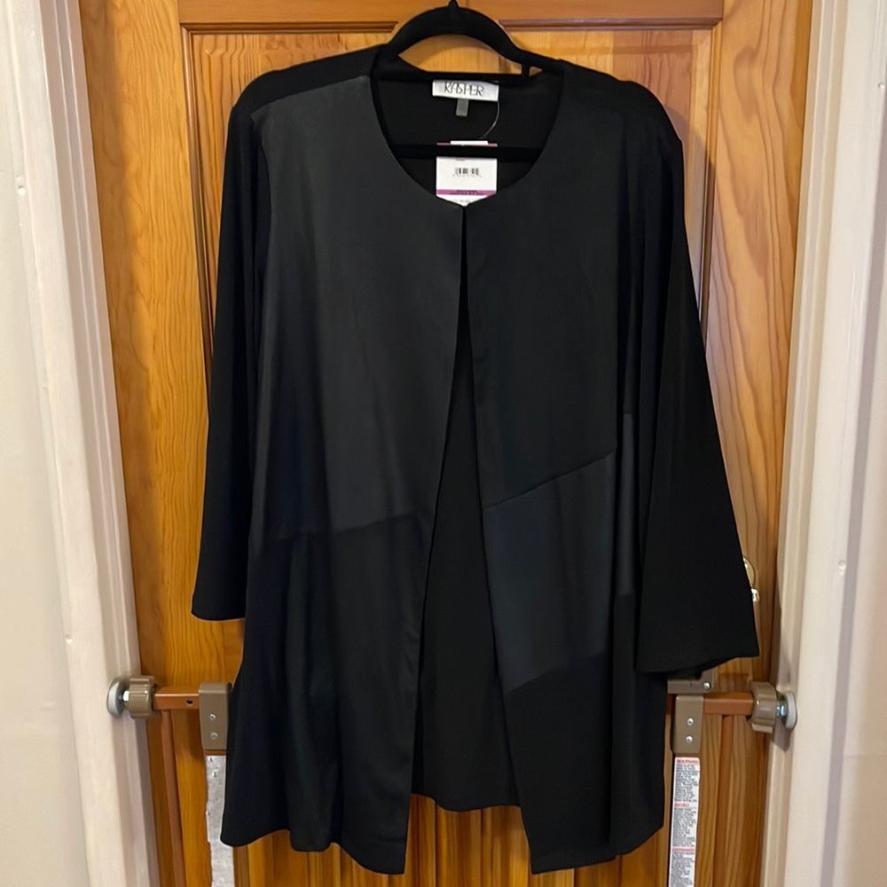 Long black dressy jacket with faux suede & leather front with sheer sleeves